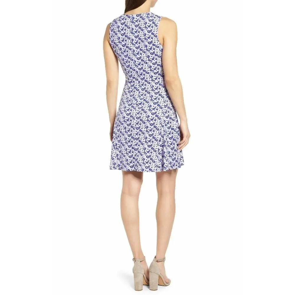 New! MICHAEL KORS Floral Print Criss-Cross Neck Dress Size Large Purple White - Picture 2 of 6